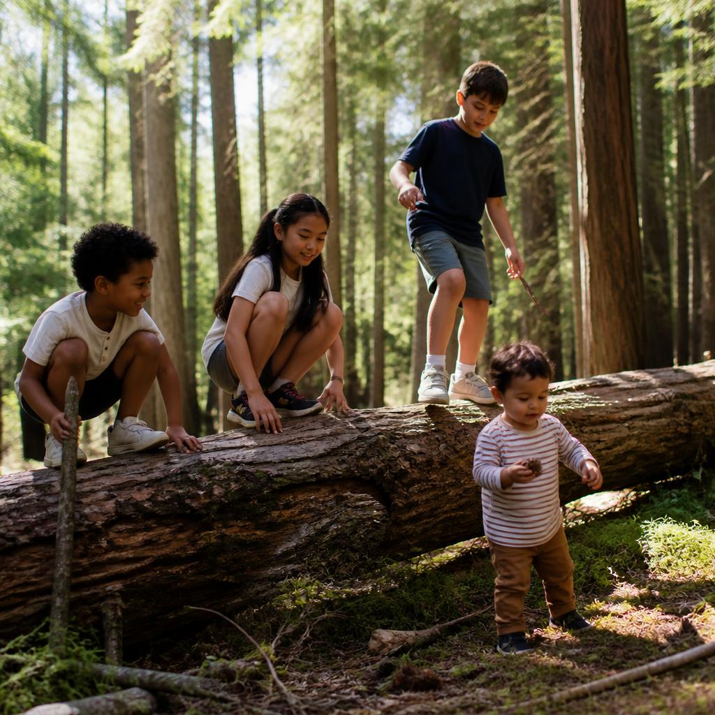 Children and teens playing together in a sunny neighborhood park